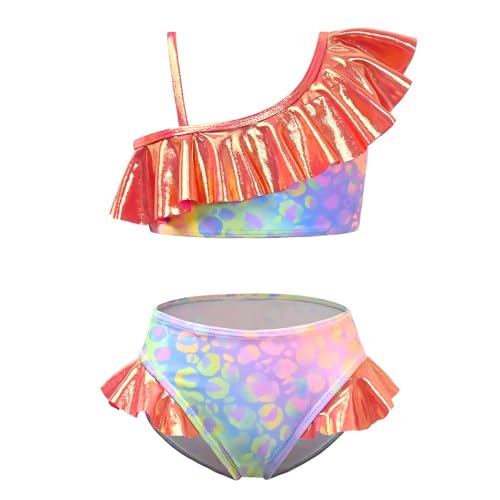 Image of CHILDRENSTAR Girls Metallic Bathing Suits Shiny Ruffles One Shoulder 2 Pieces Swimsuits Cute Bikini Set