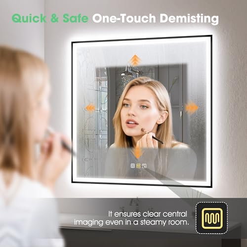 S'bagno 80x80cm Bluetooth-Bathroom-Mirror-with-LED-Lights, LED Bathroom Mirror with Iron Frame, Defogging/ 3000K 4000K 6500K/ Memory, IP44 Waterproof, Toughened Glass, Black - Image 2