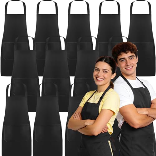 RAIHOMKIT 12 Pack Bib Apron with 2 Pockets,Black Aprons Bulk,Unisex Black Aprons with Long Ties,Machine Washable,Apron for Adults Cooking BBQ Painting Grilling Baking,23.2 x 28 Inch