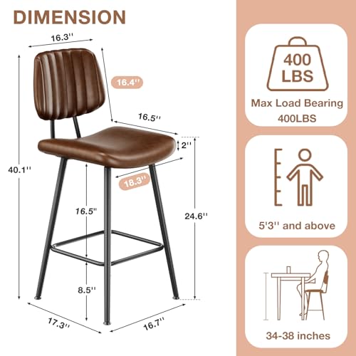 Image of Raynesys 24-Inch Leather Bar Stools Set of 3 with High Backrest, Dark Brown
