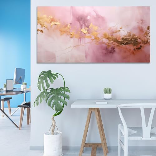 Art mural abstrait sur toile rose avec cadre marbre moderne 71x143cm