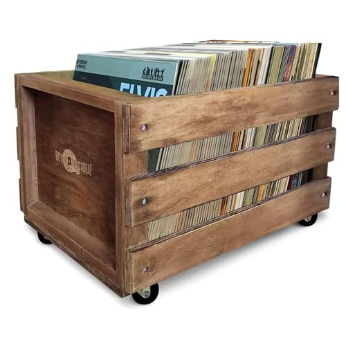Retro musique Wooden 12” LP Vinyl Record Storage Crate on Wheels Holds up to 100 albums (In PVC Sleeves) with Hessian Cloth Cover, KXRM25-Crate