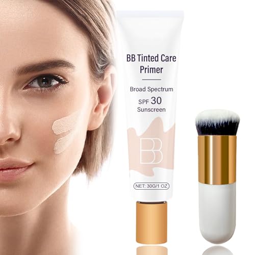 Tinted Moisturizer With Spf 30, BB Blur Tint Primer With Brush, Universal Sunscreen Moisturising Lotion for Women, Full Coverage Light-Medium Skin, Broad Spectrum Makeup Brighten Daily Cream,Ivory