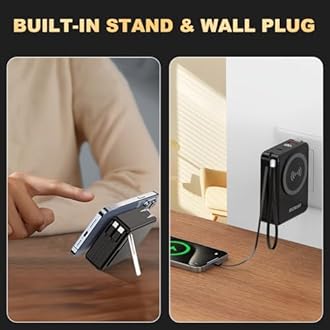 OIZNIAT 10000mAh Portable Charger Power Bank for magsafe, 22.5W Fast Charging Wall Plug Power Bank for iPhone Andriod Sumsung 5 in 1 Travel Wireless Charger Built in USB C Lightning Cables-B