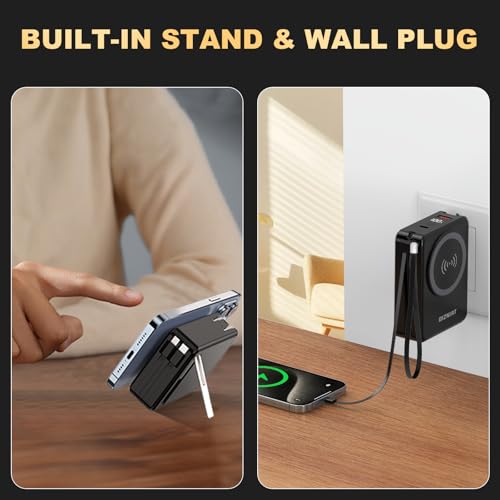 OIZNIAT 10000mAh Portable Charger Power Bank for magsafe, 22.5W Fast Charging Wall Plug Power Bank for iPhone Andriod Sumsung 5 in 1 Travel Wireless Charger Built in USB C Lightning Cables-B