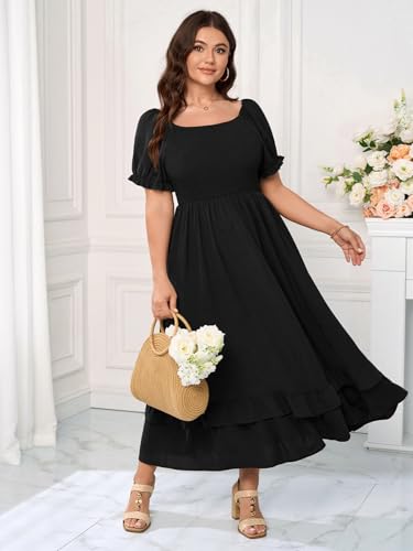 Image of Women's Plus Size Dress Square Neck Short Sleeve Smocked Elastic Waist Tiered Ruffle Hem Maxi Dresses