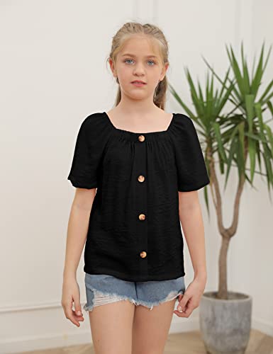 Girls Summer Blouses Short Sleeve Square Neck Button Down Tee Shirts Solid Casual Loose Fit Tops Black #TOP4