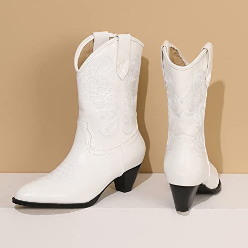 Image of Womens Embroidered Cowgirl Boots Pull On Cowboy Boots for Women Floral Low Chunky Heel Western Boots