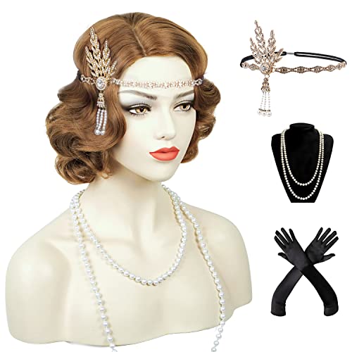 Wiggy Mermaid 1920s Brown Flapper Vintage Wig for Women Finger Wave Wig Lady Short Curly Wig Halloween Party Cosplay Costume Synthetic Hair Wig + Accessories
