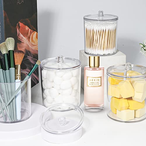 Qtip Holder Storage Canister Clear Plastic Jar For Cotton Ball,Cotton Swab,Cotton Rounds,Floss Picks, Hair Clips,Qtip Dispenser Apothecary Jars,Bathroom Organizer,Makeup Organizer With 6 Labels（15 Oz+20 Oz） #TOP4
