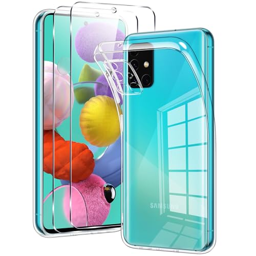 Votvloay Clear Funda para Samsung Galaxy A51 4G 6,5 con 2 Piezas Cristal Templado, Transparente Carcasa Protectora Antigolpes Case Cover, Suave TPU Silicona Antigolpes Caso para Samsung A51 4G