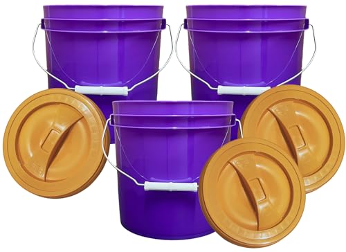 House Naturals 2 Gallon Purple Food Grade BPA Free Made in USA Bucket with Screw On Lid - Pack of 3 (Orange lids)