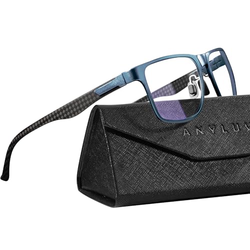 ANYLUV Blue Light Glasses Men (Clear Lens, Al-Mg Metal, Dark Blue Carbon Fiber)