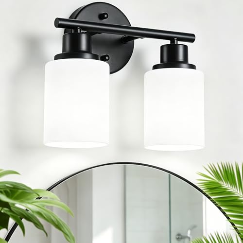 Image of 2-Light Vanity Lights, Black Bathroom Light Fixture with Striped Textured Milky White Glass Shade, Modern Vanity Lighting Fixture for Bathroom Wall Light Over Mirror, E26 Wall Sconce