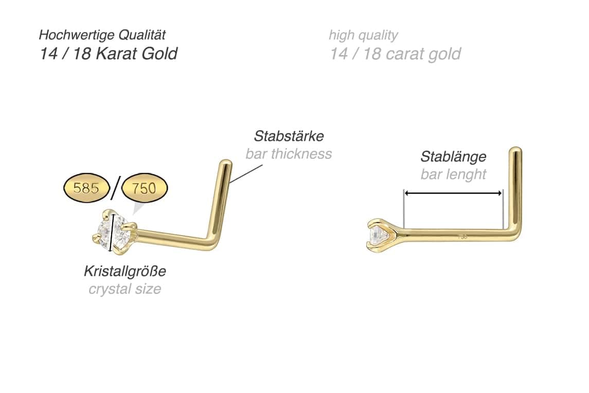 PIERCINGLINE Nasenpiercing 14K Gold Nasenstecker L-Form EINGEFASSTER MOISSANIT 585er Gold - Goldfarben