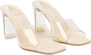 Shoetopia Women’s Transparent Block Heels | Stylish Square Toe Slip-On Party Comfortable Sandals Price In India