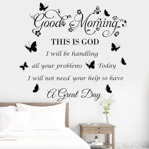 Bible Verse Inspirational Quote Good Morning This Is God Wall Stickers - Religious Decals With Flower Butterfly for Bedroom, Living Room, Office, Bathroom Decoration, Black