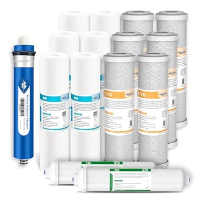 Membrane Solutions 5 Micron 10" x 2.5" Sediment and Carbon Filters, 75 GPD RO Membrane and T33 Post Inline Carbon Filters