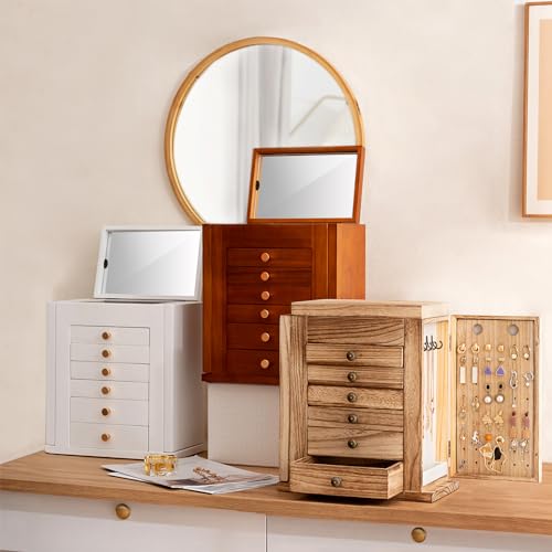 ProCase Large Jewelry Box, 7-Layer Wooden Jewelry Boxes for Women, Jewellery Holder Organizer Storage Case with Mirror for Earrings Necklace for Dresser -Brown by ProCase - Used condition - Image 6