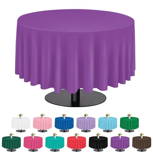 Image of Purple 6 Pack Plastic Table Cloth 84 inch, Disposable Round Tablecloth Table Cover, Plastic Tablecloths for Parties