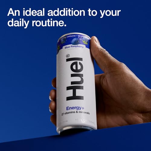 Huel Energy+ | Blue Raspberry Energy Drink | Refreshing Plant-Based Drink with Real Fruit | 200mg of Caffeine and 27 Vitamins & Minerals | 35 Calories per 12 FL Oz, 12 Pack