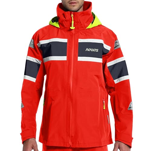 Navis Marine Sailingwear Wasserdichte Segeljacke für Herren - Winddicht, Atmungsaktiv, Coastal Sailing Jacket Verdeckter Kragen und verstellbare Kapuze, Outdoor 347 (Rot,2XL)