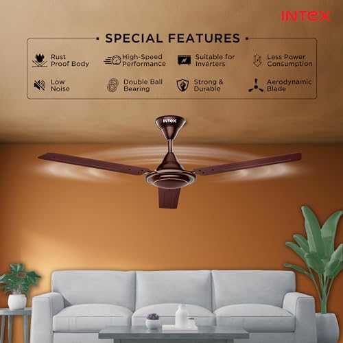 Image of Intex Aero Jet 1200MM Ceiling Fan with High Speed 380 RPM | 210 CMM Air Delivery | Rust Proof Body, Inverter Compatible | Low Noise Operation, 24 Month Warranty (Smoke Brown)