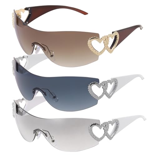 GGSTDDUP 3 Pcs Y2K Sunglasses for Women Men Y2K Wrap Around Rimless Sunglasses Oversized Fashion Frameless Sun Glasses UV400 Protection silver/brown/blue