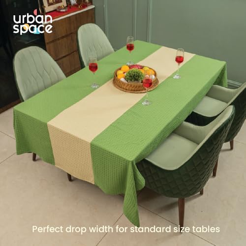 Image of Urban Space 100% Cotton Waffle Weave Dining Table Cover for 6 Seater, Table Cloth with Panelled Design, 6 Seater Cotton Table Cover for Center Table (Sage Green & Beige, 6 Seater, 48 inch x 92 inch)