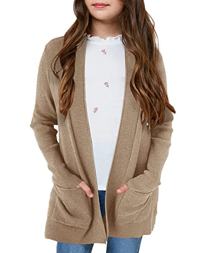 Image of Girls Cardigan Kids Open Front Oversized Sweater with Pockets | Casual Cardigans, Soft Knit, Long Sleeve, Uniform Cardigan for Girls, 7-14 Years
