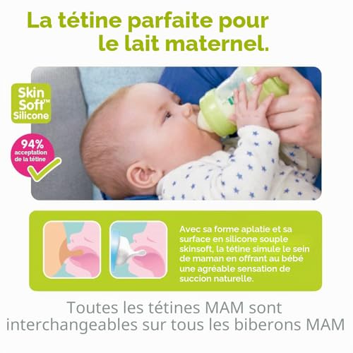 MAM Lot de 2 tétines mesure 1, débit lent, en silicone SkinSoft, 0 mois – vue 4