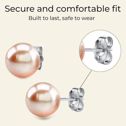 Image of THE PEARL SOURCE Real Freshwater Pearl Stud Earrings for Women, 14K Yellow Gold AAAA Genuine Cultured Freshwater Pearls, Peach Pearl Jewelry Gift for Women, Hypoallergenic Fine Jewelry