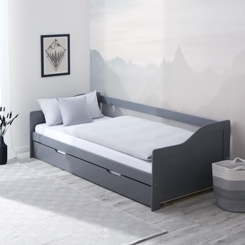 Homestyle4u Kojenbett 90x200 cm Ausziehbares Einzelbett Holz Grau Kiefer mit Lattenrost & Bettkasten Ausziehbett Holzbett Daybed