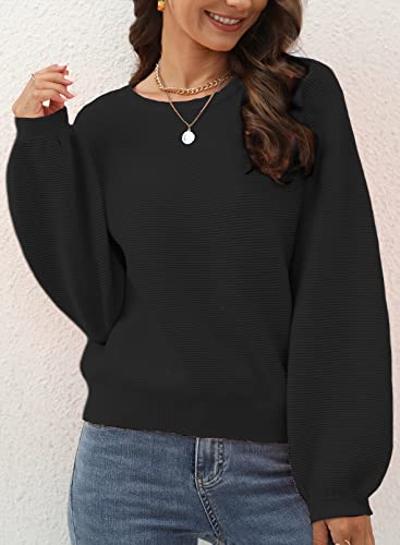 Artfree Womens Ribbed Knit Crewneck Sweater Lantern Sleeve Casual Loose Stretchy Solid Fall Winter Sweaters Pullover Tops Black L #TOP5