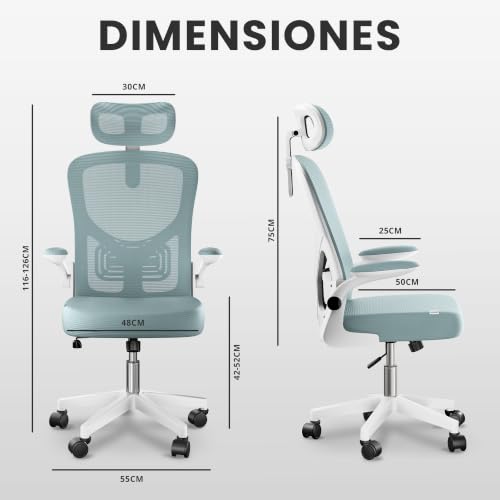 Miniatura 2 de Silla Escritorio Ergonómica - Silla Oficina Ajustable Y Reclinable Con Soporte Lumbar, Reposacabezas Ajustable, Reposabrazos Plegables, Malla Transpirable, Ruedas Giratorias 360 , Soporta 120 Kg