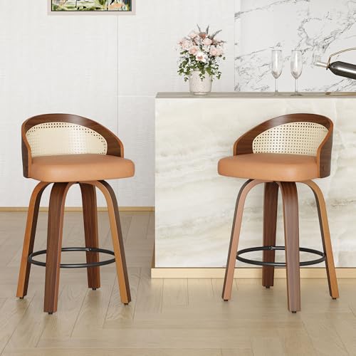 Havemies Modern Bar Stools with Rattan Back & PU Leather Seat - Set of 2 Swivel Stools, Mid Century Industrial Design Adds Textural Contrast to Kitchen Island (Yellow)