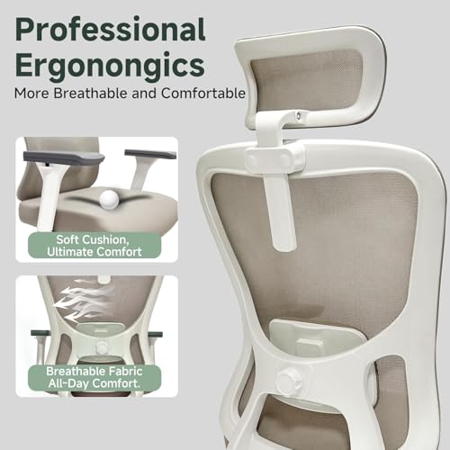 Image of Monhey Office Chair, Ergonomic Office Chair, Home Office Desk Chair for Big and Tall People, Computer Chair with Adjustable Headrest, Lumbar Support, Flip-Up Arms, PU Wheels (03khaki)