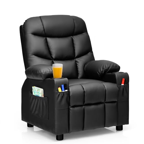 CHEFJOY Kids Recliner, Kids Recliner Chair w/ 2 Cup Holders, PU Leather Kids Chairs Compy w/Adjustable Backrest & 3 Pockets, Toddler Furniture Sofa for Boys Girls Aged 3+ (Black)