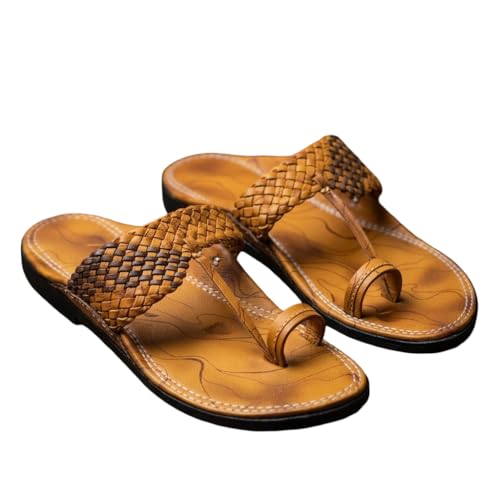 Image of Agadi Men's Kolhapuri Style Sandals | Handcrafted Woven Strap Toe Ring Chappals | Comfortable Ethnic & Casual Slip-On Footwear for Men