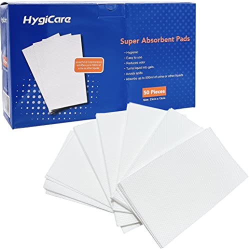 HygiCare Super Absorbent Pads Medical Grade 50 Count Best for Commode Bags Commode Liners Bedpan Liners Toilet Liners Turning Body Fluids into Gel within Seconds Greatly Reduce Odor