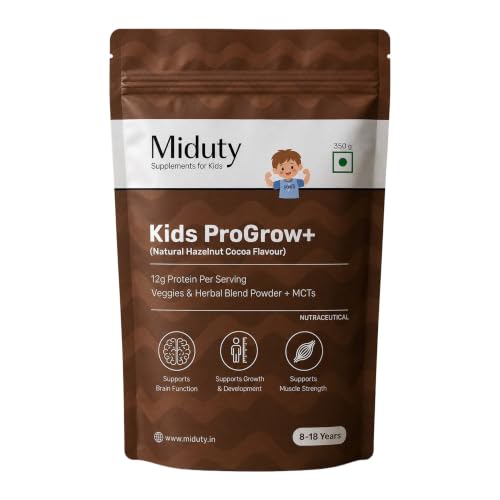 Image of Miduty Kids ProGrow+ Hazelnut Cocoa | Kids & Teens Protein Shake for Growth, Daily Nutrition & Active Recovery | 12g Protein for 8-18 Years | FOS & Inulin, Vitamins & Minerals, Vegetables, Fruit & Nut Blend | Natural Hazelnut Cocoa Flavor - 350g