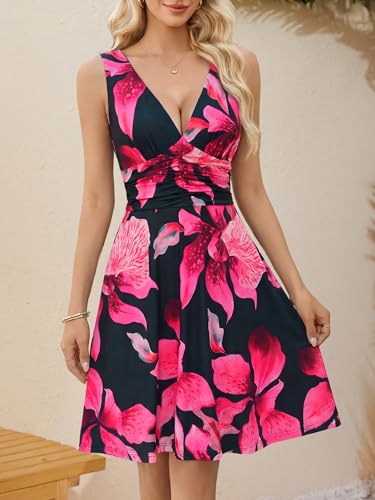 Image of OURIN Women's Spring Deep V Neck Sleeveless Floral Sundresses with Pockets Flowy Summer Dresses for Women
