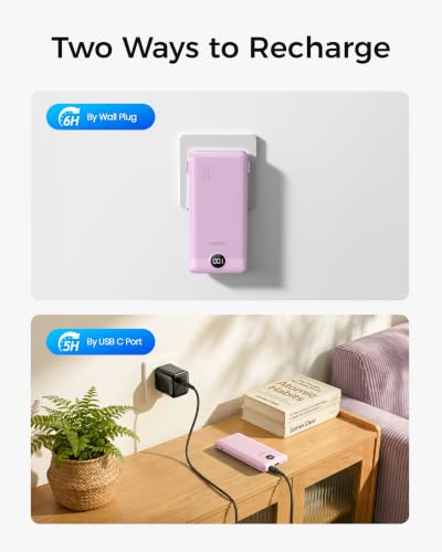 Image of VEGER Portable Charger with Built-in AC Plug and Cables, All in One 10000mAh Ultra Slim Power Bank Travel Essentials, USB C External Battery Pack Compatible with iPhone, Samsung, More, Purple