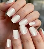 Artquee Press on Nails Short Cream Shimmer Square False Tips Glossy Reusable White Fake Stick on Nails Kit for Women - 30 PCS 15 Sizes