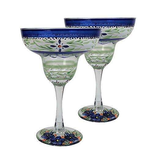 Set of 2 Green Floral Hand Painted Margarita Stemware Glasses 12 oz.
