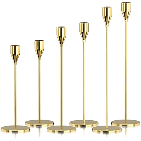 Tapered Candlestick Holders Set of 6, Tall Candle Holder Bulk for Long Candles, Candelabra Fits 3/4 Inches Pillar Candle&Led Candles, Decor Centerpieces for Table Manners(Palm Gold) Cover