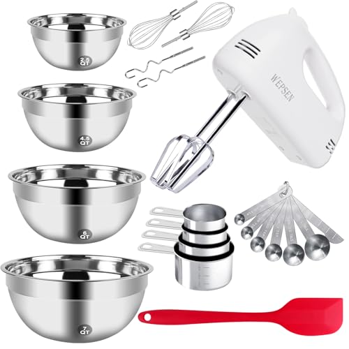 WEPSEN 5-Speed Electric Hand Mixer, 4 Large Mixing Bowls Set, Handheld Mixers with Whisks Beater, Stainless Steel Metal Nesting Bowl Measuring Cups Spoons Kitchen Cake Blender for Baking Supplies by WEPSEN - Used condition - US$34.39