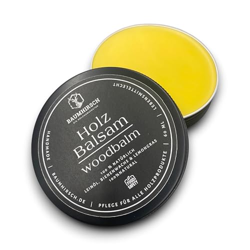 Baumhirsch Holz Balsam lebensmittelecht zertifiziert – 100% Natürliches Holzwachs farblos ohne Zusatzstoffe made in Germany - Bienenwachs & Leinöl – Möbelpolitur für Holz und Möbel (60ml, Lemongras)