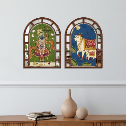 Image of Artvibes Artistic Shrinathji Cow Home Wall Decor | Jharokha Mirror Wall Hanging for Living Room, Bedroom, Hall, Temple Room, Office & Dining Area | Gift (WHJ 12050N), Set of 2
