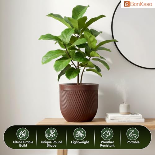 Image of Bonkaso 10 Inch Seltos Ribbed Planter for Indoor & Outdoor Use | Round Heavy Duty Polymer Flower Pot | Lightweight Weather Resistant Modern Gamla for Living Room Balcony & Terrace (Brown)